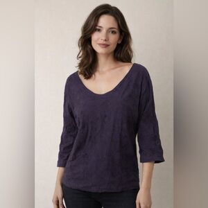 CP Shades | Purple Floral Embroidered V Neck 3/4 Sleeve Blouse Top Lagenlook Art